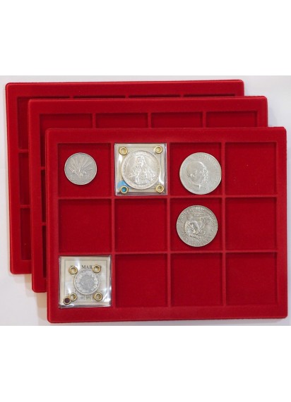 Vassoi per monete in floccato rosso piccolo da 12 caselle